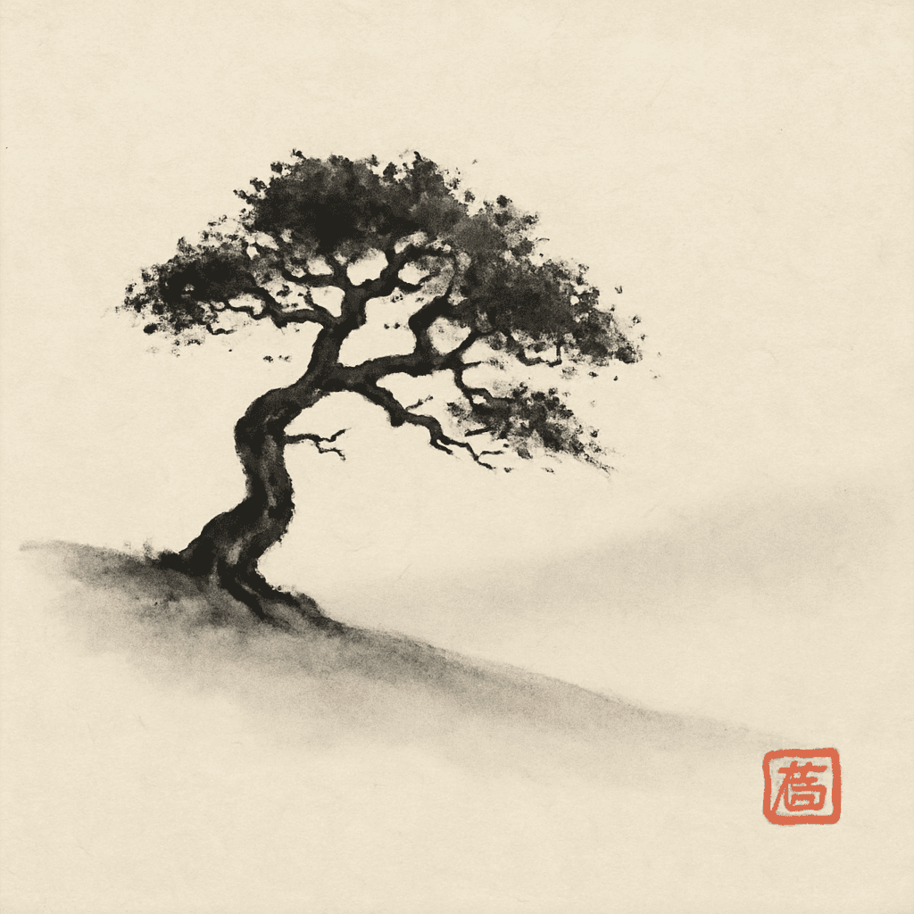 A solitary live oak on an East Bay hillside — sumi-e ink on paper, sealed in vermilion.