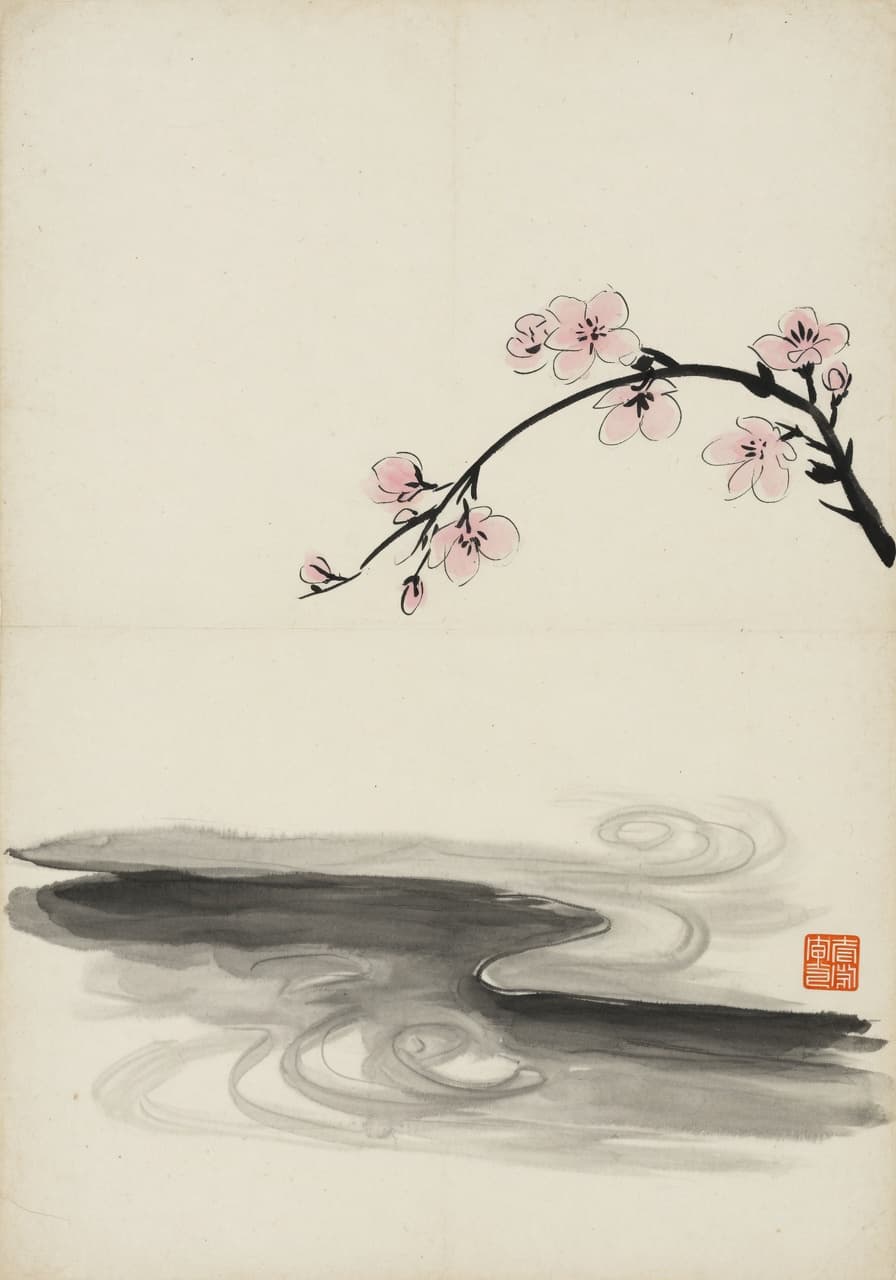 A cherry blossom branch over a creek — sumi ink and pink wash on hanji paper.