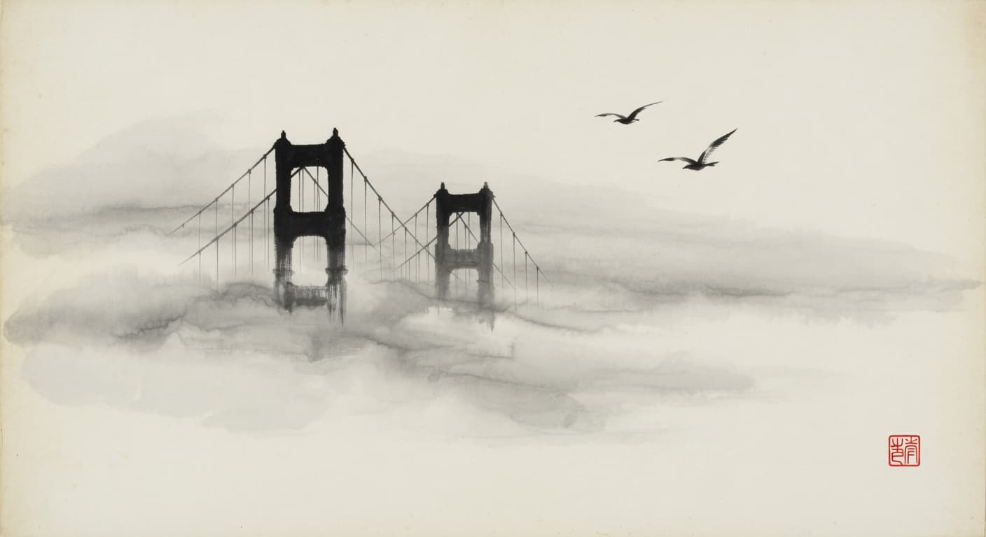 The Golden Gate towers emerging from fog — sumi ink wash on hanji paper.