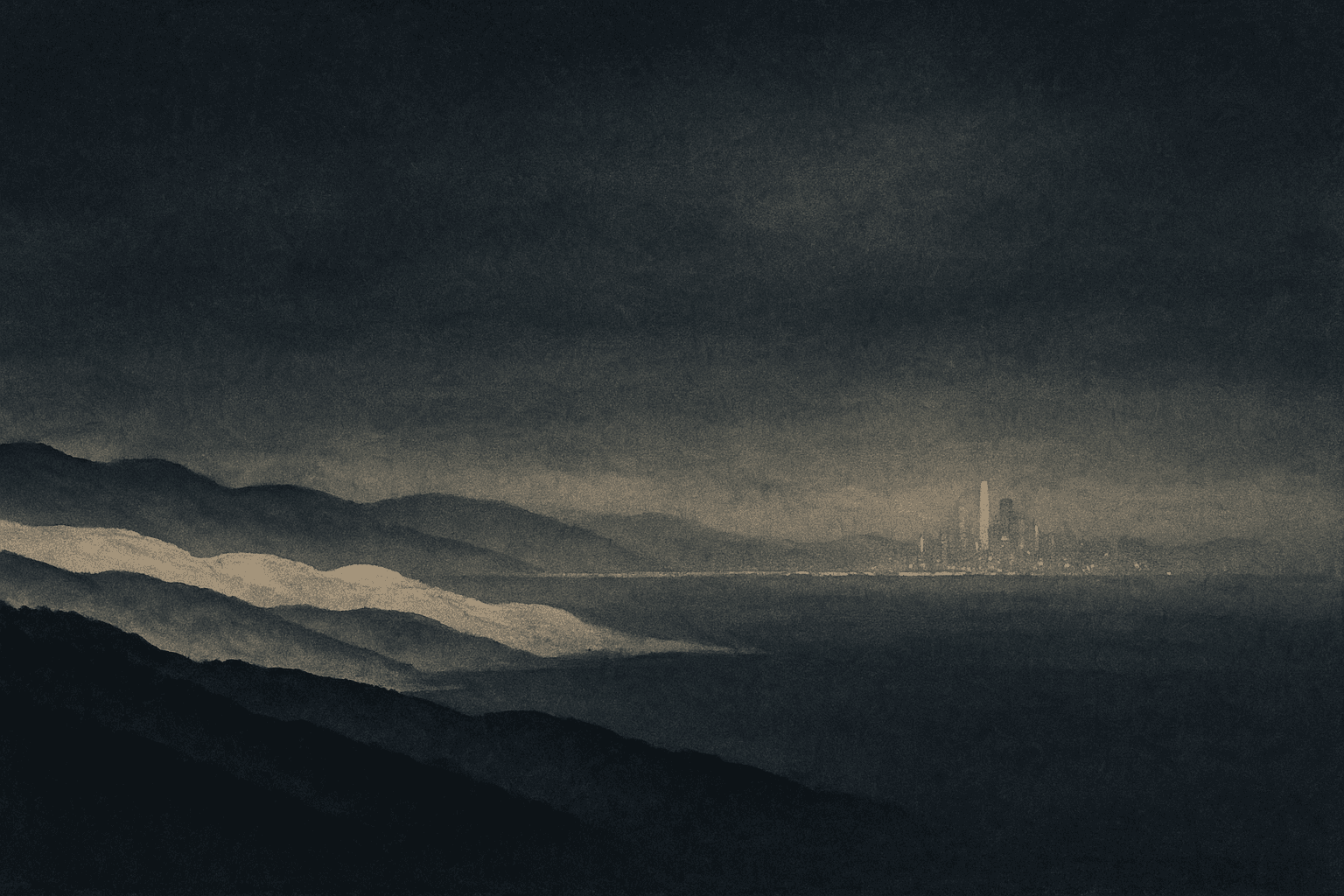 The East Bay hills overlooking San Francisco — ink and water on paper.