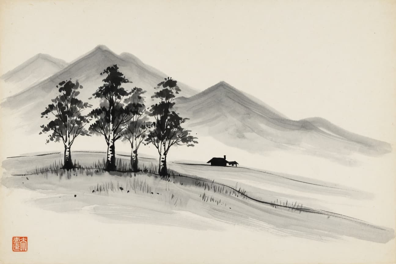 Eucalyptus trees on a rolling East Bay hillside — sumi ink wash on hanji paper.