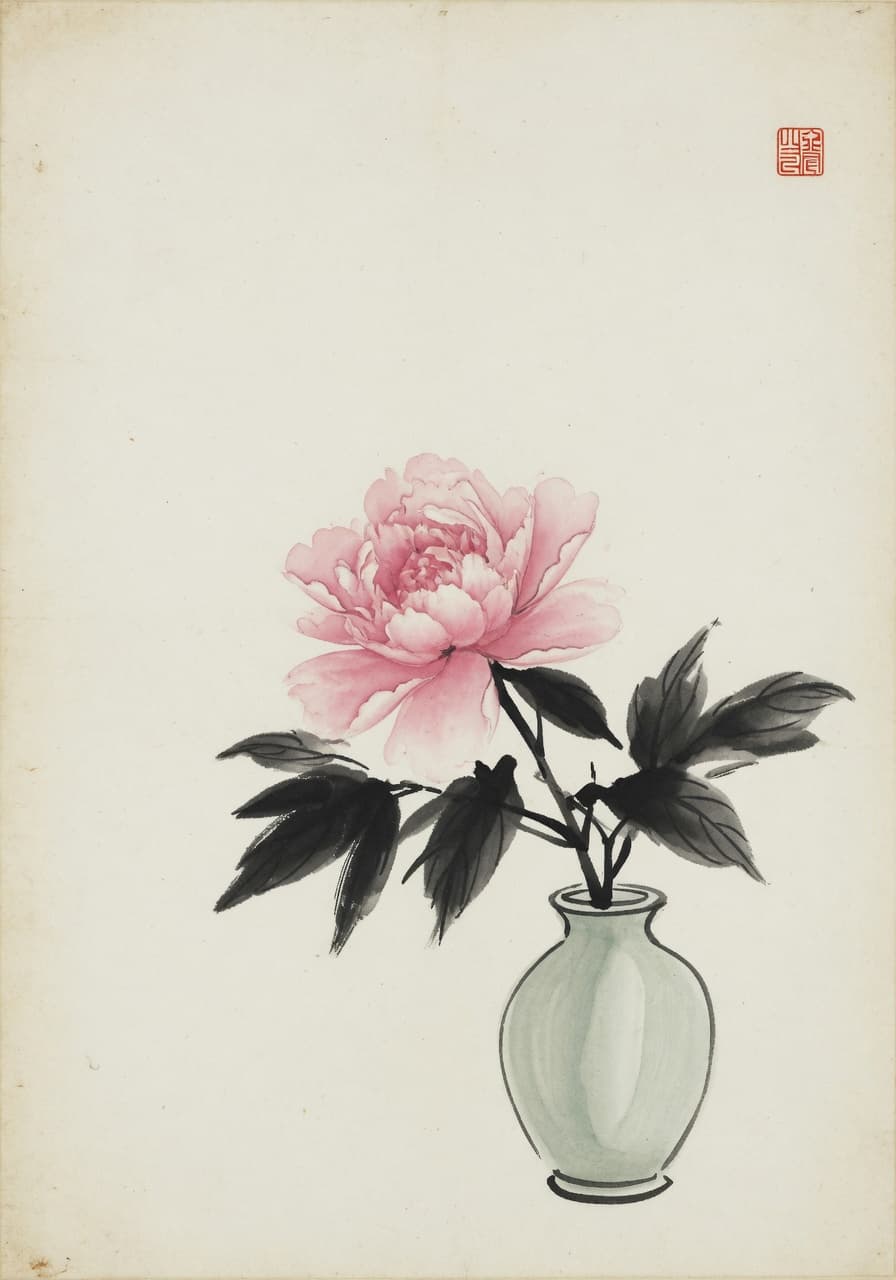 A single peony in a celadon vase — sumi ink and pink wash on hanji paper.