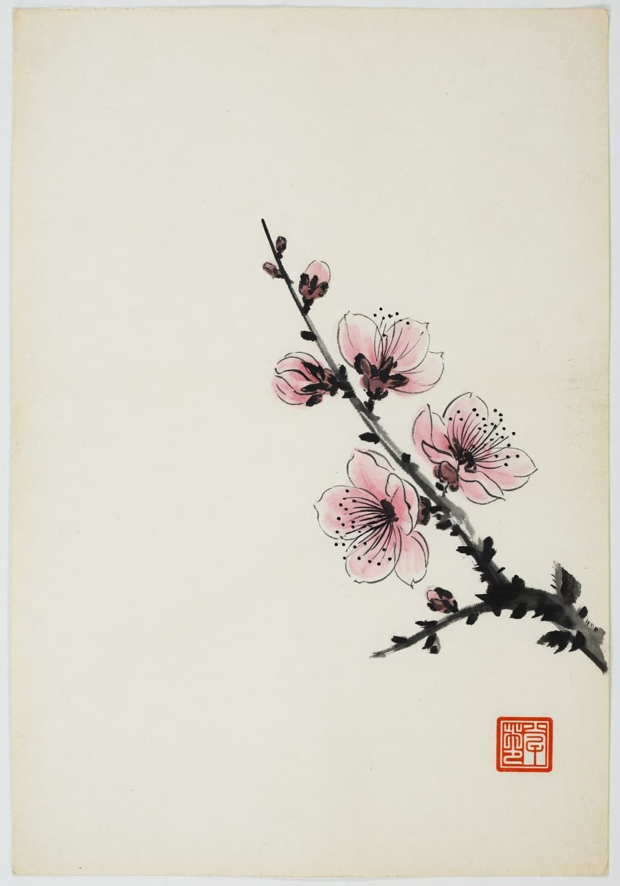 A plum blossom branch in early bloom — sumi ink on hanji paper.